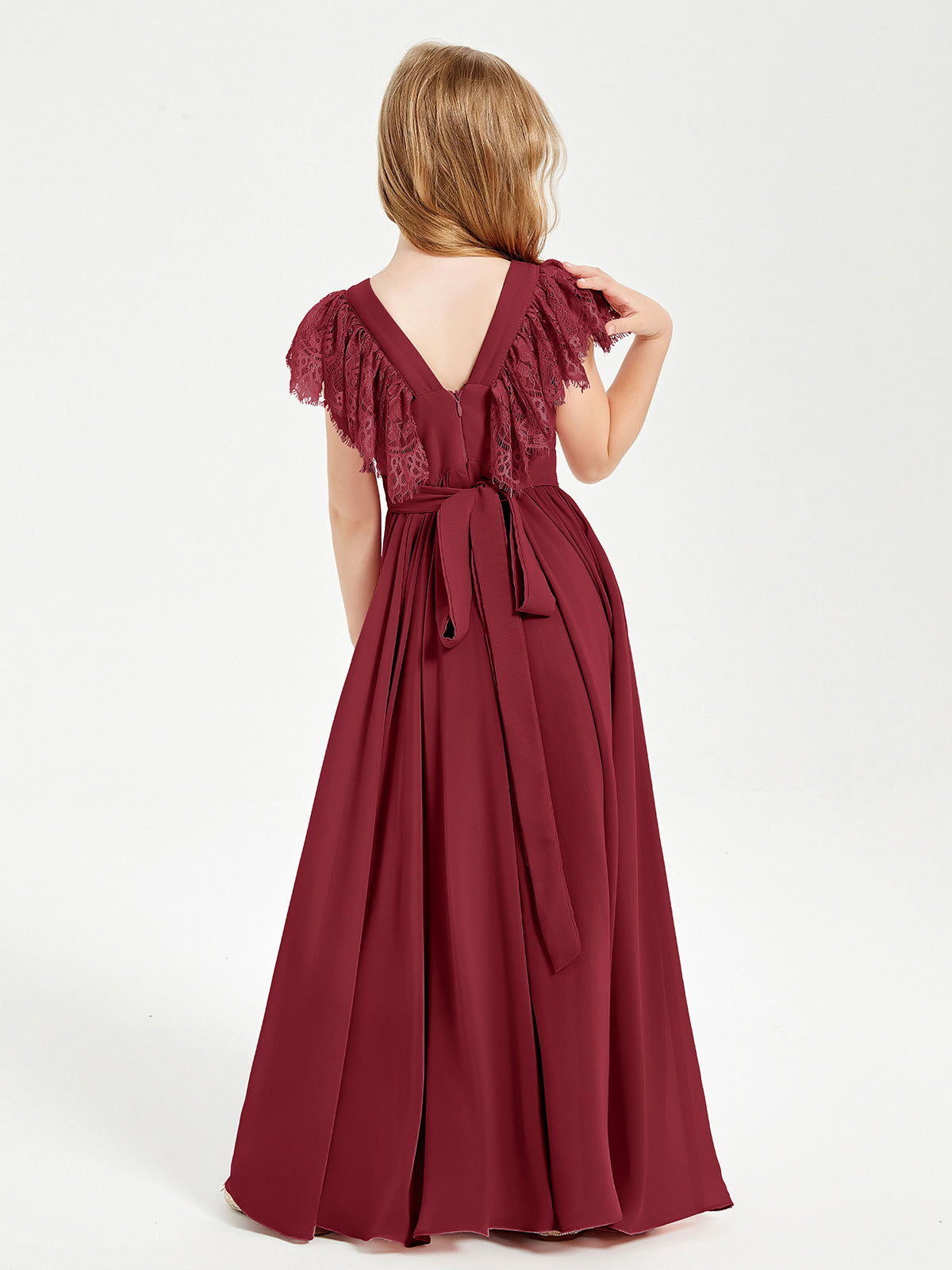 Chiffon Junior Bridesmaid Dresses with Lace Flutter Sleeves Burgundy